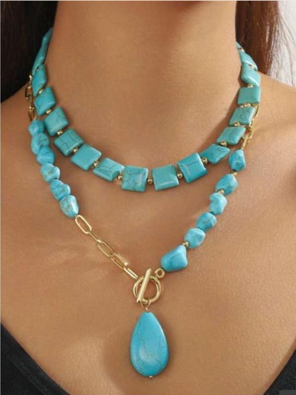 Turquoise Blue Layered Stone Necklace with Gold Accents